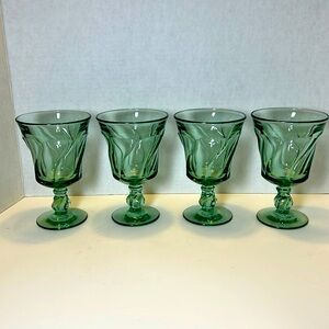 (4) Vintage Fostoria Jamestown Green Swirl Glasses